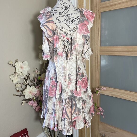 Perfect Way Floral Romantic Mini Dress Elegant W/Pearly Beads Woman Size M - Picture 8 of 12
